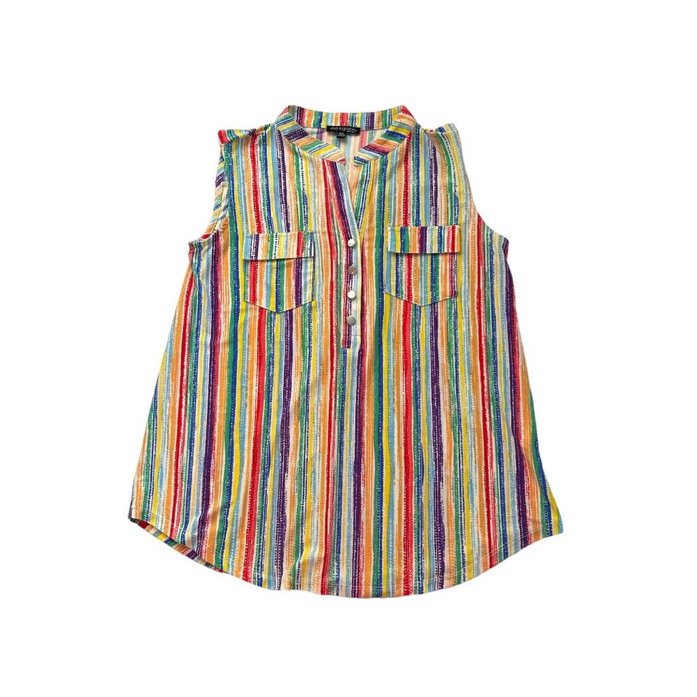 Ava & Grace Rainbow Stripe Sleeveless Shirt Tank Top Petite Small Blouse Pockets